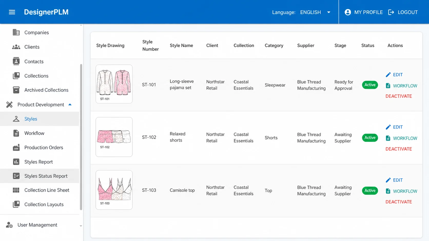 DesignerPLM styles workspace with fictional sample data