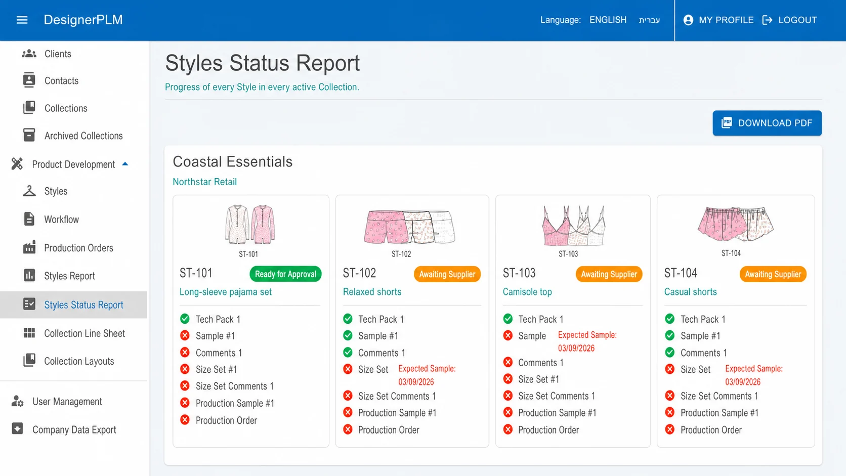 DesignerPLM styles status report with fictional sample data